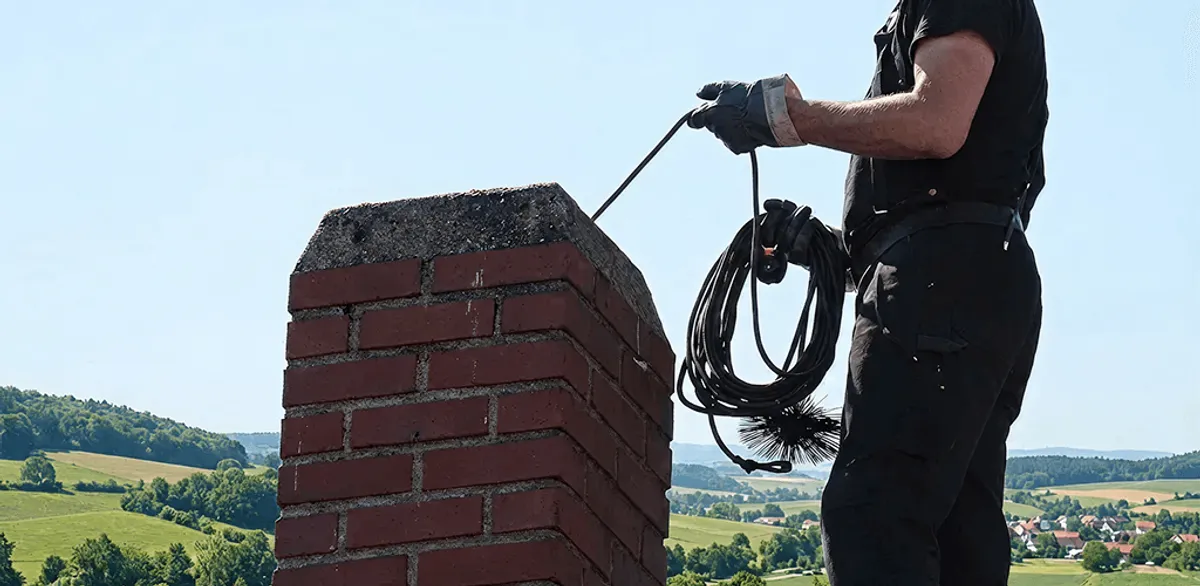 Chimney sweep inspecting and cleaning a rooftop chimney in Evansville, IN