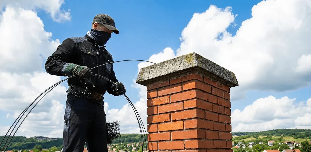 Chimney sweep cleaning a brick chimney with professional tools in Evansville, IN