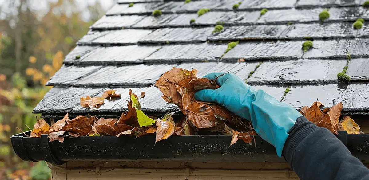 Gutter cleaning technician clearing wet leaves from roof gutters in Evansville, IN