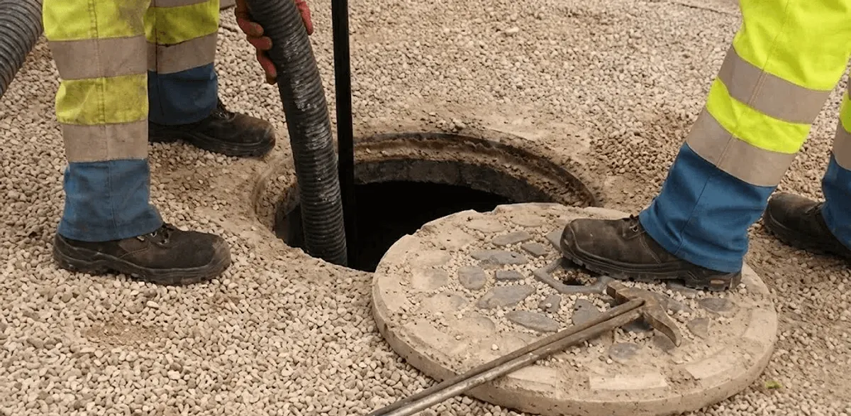Drain cleaning crew clearing a sewer access point with professional equipment in Evansville, IN